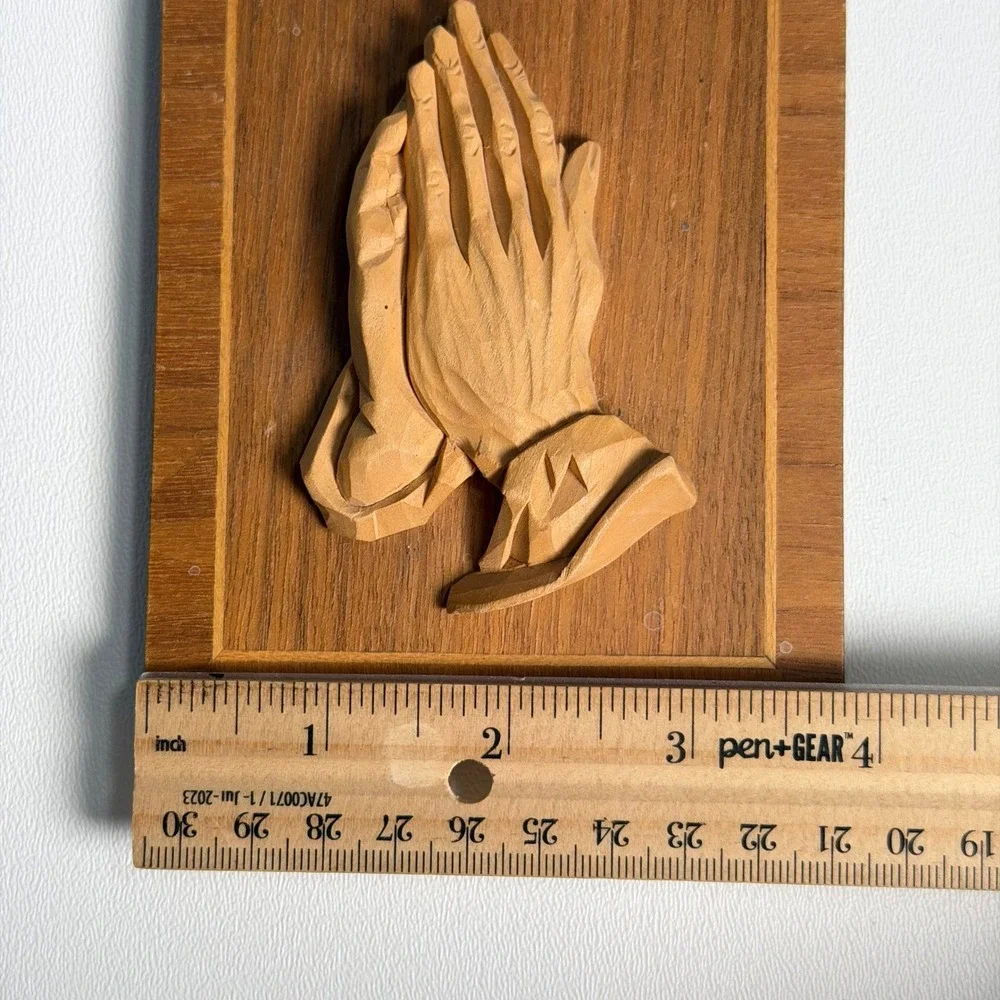 Vintage Praying Hands Wood Carving Wall Plaque Old World Religious 4x5